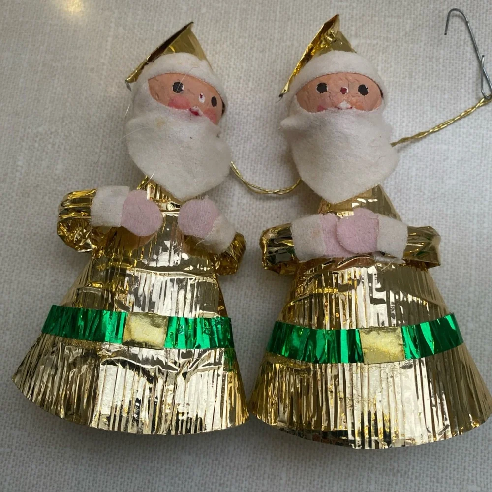 Vintage Japan 69’ Foil Santa Claus‎ Christmas Ornaments Set Of 2